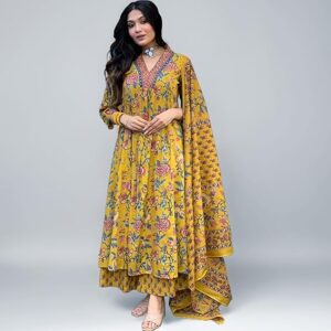 GoSriKi Women's Rayon Viscose Anarkali Printed Kurta with Palazzo & Dupatta