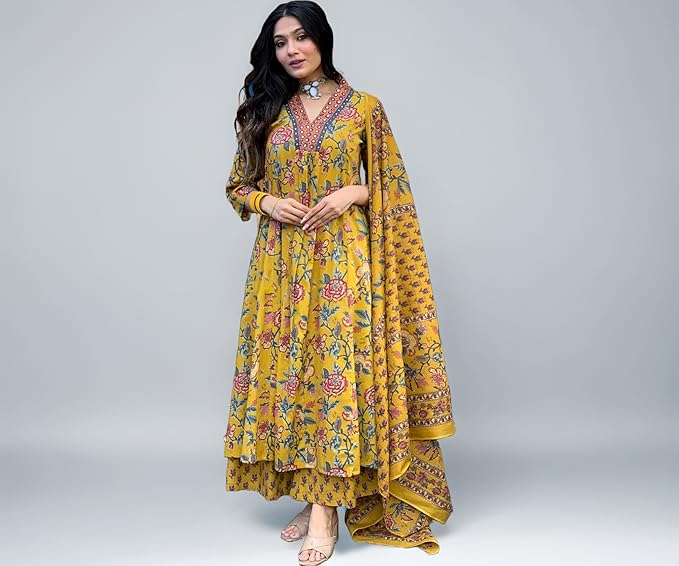 Women's Cotton Embroidered Long Anarkali Kurti With Pant and Dupatta Set - Image 2